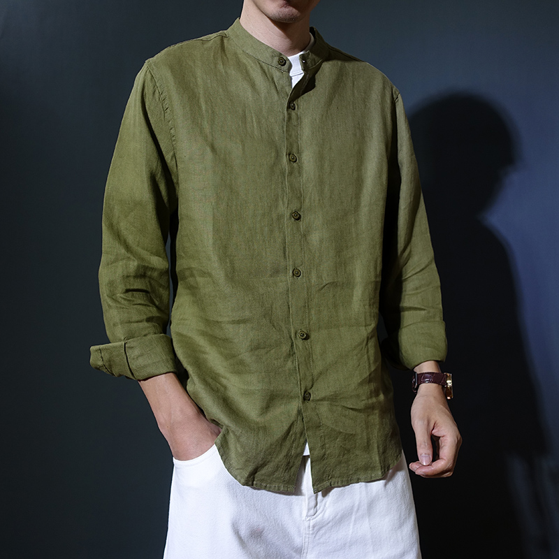 男款纯亚麻衬衫薄款长袖休闲春秋宽松立领复古衬衣纯色上衣潮流