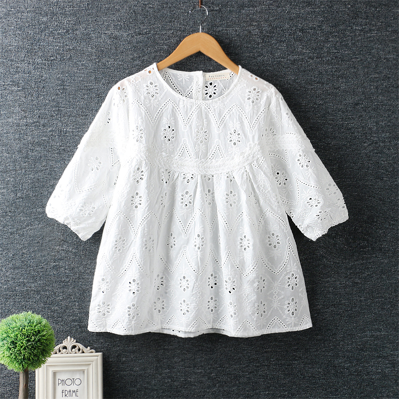 2020新款夏装甜美小清新镂空刺绣套头娃娃衫中袖棉麻上衣白色女