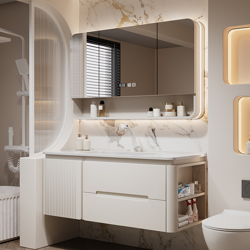 橡木浴室柜洗脸盆柜组合洗手池卫生间陶瓷一体盆洗漱台奶油风简约