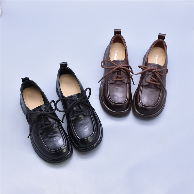 春季牛皮复古擦色单鞋软底深口休闲小皮鞋真皮百搭大码微褶女鞋潮