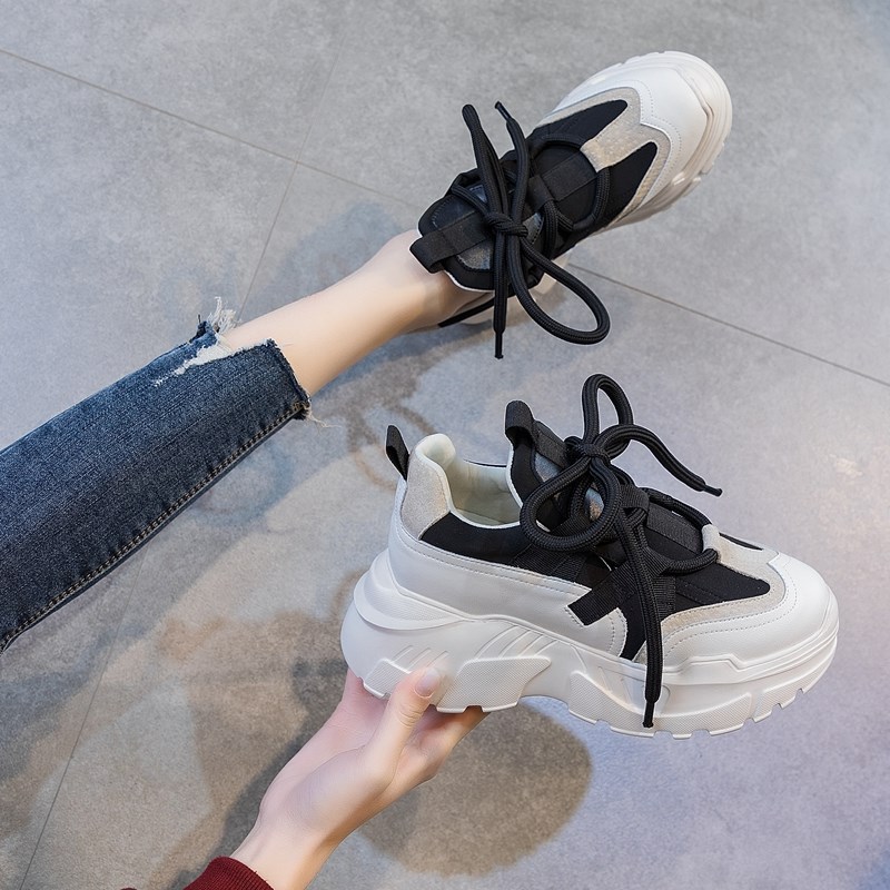 8cm米色松糕厚底内增高老爹鞋女2021秋季新款休闲透气运动鞋单鞋