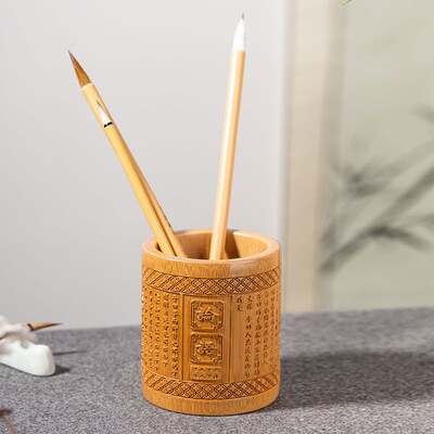 天然竹制毛笔笔筒办公室桌面大容A量竹雕创意国风摆件复古中国风