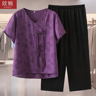 女200斤宽松显瘦遮肚新中式 套装 国风上衣两件套 短袖 中老年妈妈装