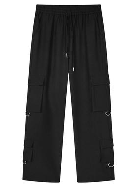 PASALIENS街头直筒工装休闲裤男宽松登山春秋美式黑色显瘦长裤子