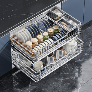 四季 双层不锈钢双层抽拉蓝收纳厨柜碗碟篮 沐歌厨房橱柜拉篮抽屉式