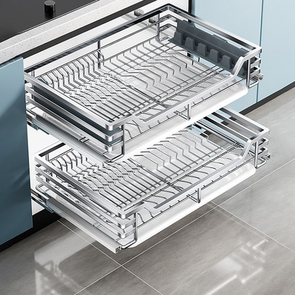 四季沐歌304不锈钢拉篮橱柜内收纳抽屉式厨房拉篮碗篮碗碟架双层