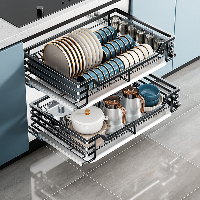 四季沐歌拉篮厨房橱柜304不锈钢拉篮碗篮双层碗篮抽屉式收纳碗架