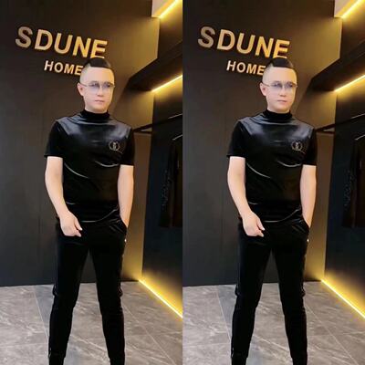 秋冬男士欧货圆领金丝绒短袖T恤