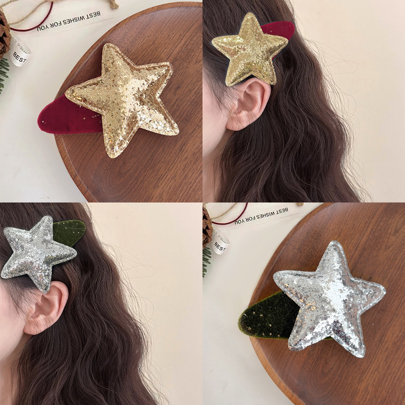 圣诞节手工蝴蝶结发夹韩版羔羊毛小红帽子发卡秋冬季珍珠星星头饰