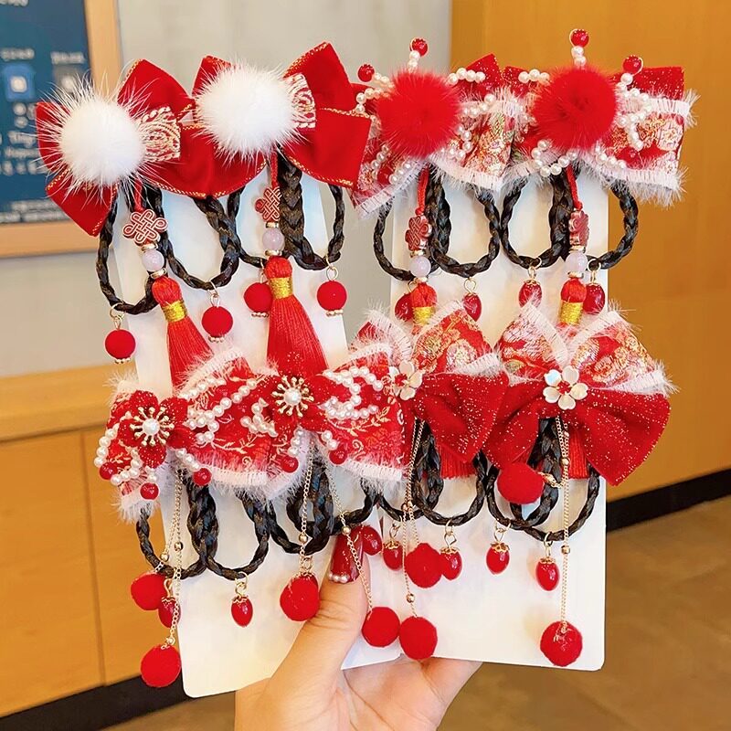 新年头饰儿童过年发夹女童古风红色发饰女孩假发流苏夹子宝宝发卡