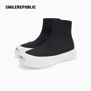 经典 smilerepublic 黑色高邦 半膝织物可替换开口笑厚底鞋