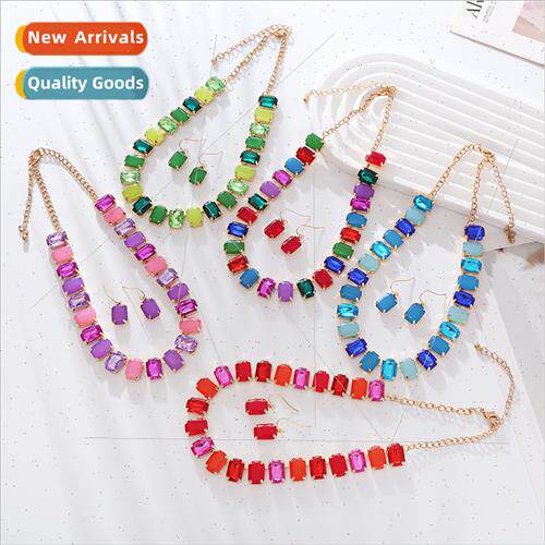 Europe new square glass diamond necklace earrings set bohemi
