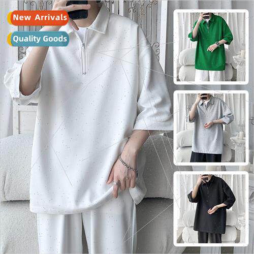 2022 summer new men waffle polo shirt youth men solid color