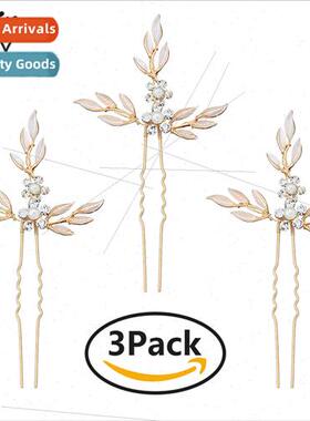 Bridal U-shaped hairpin gold leaf rhinestone wedding jewelry