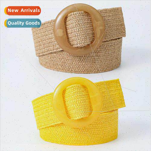 Summer new resin round buckle fashion PP grass elastic woven