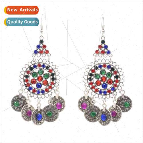New bohemian retro earrings alloy inlaid turquoise rhineston