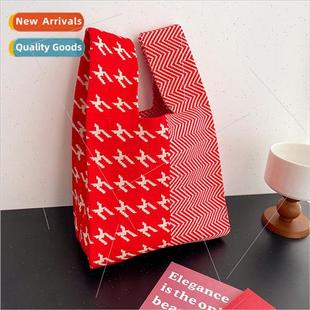 knted wool Tote red bucket Korean cute Joyful handbag