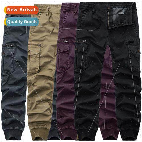 Four seasons drawstring work pants casual pants elastic wais