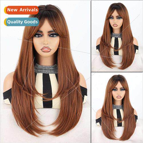 Europe wig black brown gradient eight bangs long inward slig