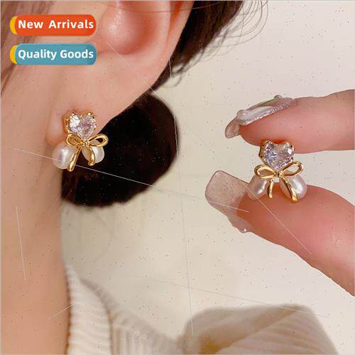 Fashion love heart zirconia bow earrings s925 silver pin swe