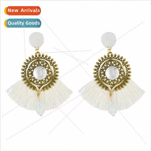 Europe bohemian ethnic round flowers long tassel earrings re