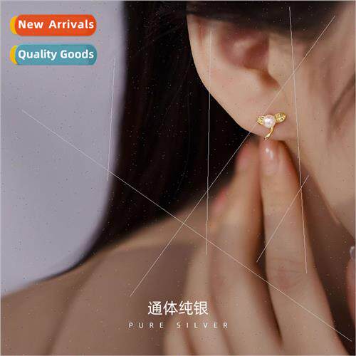 S925 silver retro HK pearl leaf earrings tide simple female