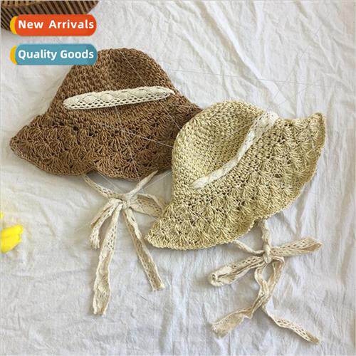 Foldable straw hat female Korean tie crochet large brim hat