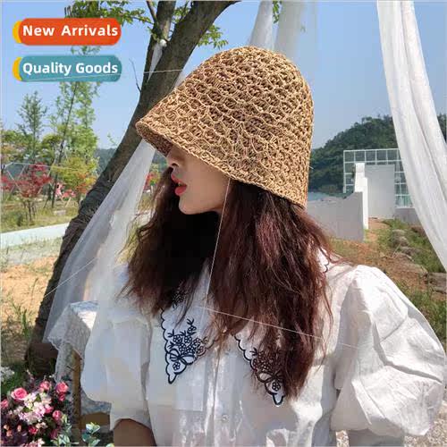 Korean  Japanese hollow breathable mesh straw bucket hat fem