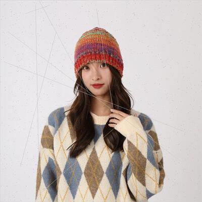 Dopamine rainbow color handmade knted hat women new Autumn w