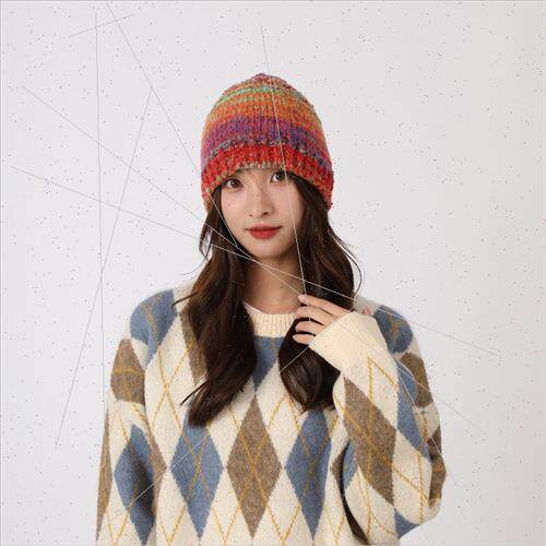 Dopamine rainbow color handmade knted hat women new Autumn w