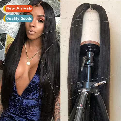 Europe wig women matte silk black long center parted bangs h