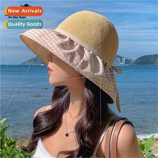 female summer Korean 8179 brimmed hat large plaid fisherman