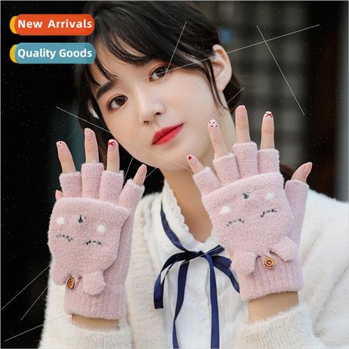 Half finger flip knted woolen gloves female winter cute Kore