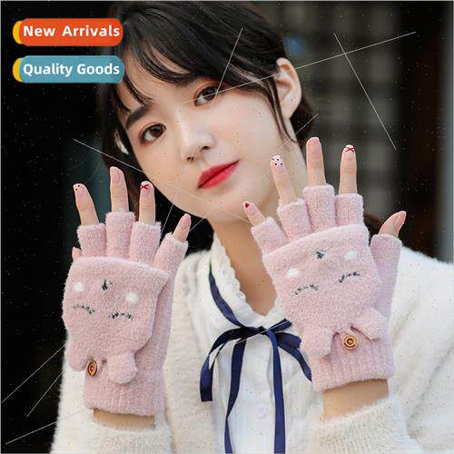 Half finger flip knted woolen gloves female winter cute Kore