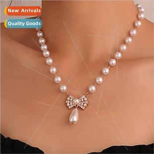 women retro fashion Diamond bow necklace temperament pearl