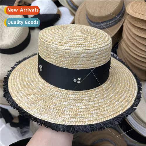 French flat-top straw hat rhinestone hat sun hat sun hat wit