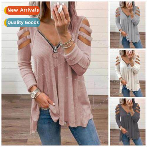 2023 Spring New Long Sleeve Sexy Low Cut Zipper Solid Color