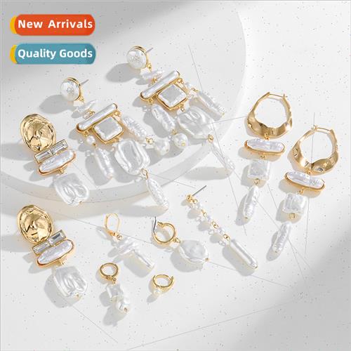 ins alloy inlaid baroque pearl dangling earrings female Euro