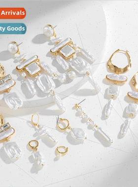 ins alloy inlaid baroque pearl dangling earrings female Euro