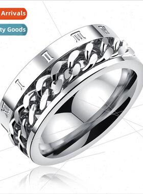 Tanium Steel Black Roman Numerals Ring Turnable Chain Corded