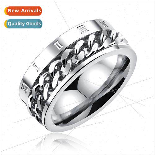 Tanium Steel Black Roman Numerals Ring Turnable Chain Corded