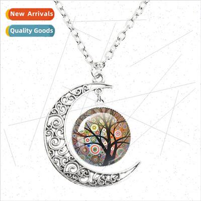 New Colourful Home Art Pattern Moon Necklace Dome Glass Pend