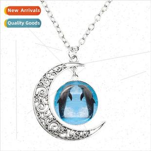Shark Dome Glass New Moon Animal Pendant Necklace Ocean