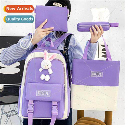 new four sets backpack Korean h color student schoolbag larg
