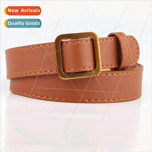 Women new gold square buckle thin belt ladies no holes soft