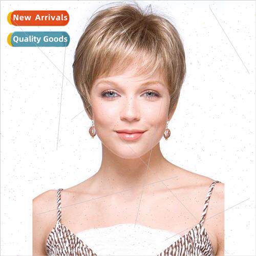 Women short Europe blonde wig head covering angled bangs