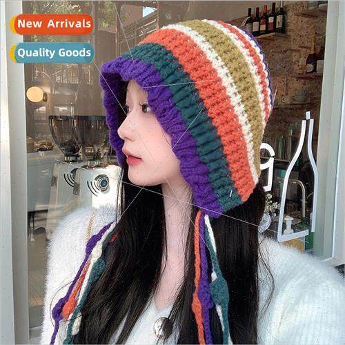 Korean  dopamine colorful retro handmade warm plush hat fema