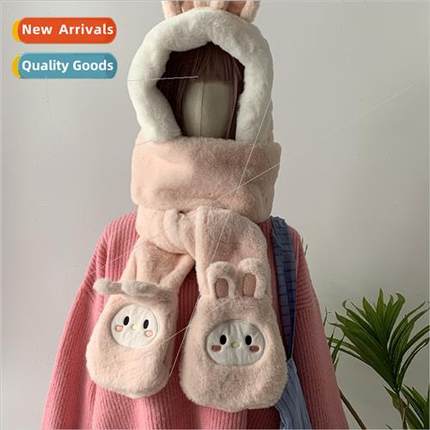 Cute plush rabb ears hat scarf gloves all-in-one pullover ha