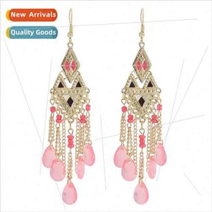 Rice Bead Tassel Diamond Vintage Long Earrings Ethn Splicing
