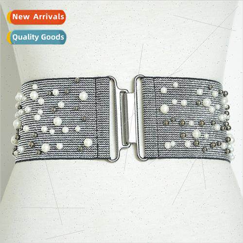 new pearl inlaid elastic elastic buttons wide belt Europe wo